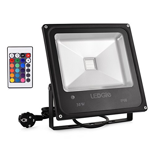 LEDGLE Foco LED de 30 W RGB con mando a distancia, para exteriores, COB LED, grano 16 colores, 4 modos, IP66, resistente al agua, para jardín, con enchufe europeo extraíble
