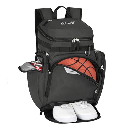 WOLT Basketball Backpack, Large Sports Bag with Separate Ball Compartment and Shoes Pocket for Basketball, Soccer, Rugby, Volleyball, Baseball