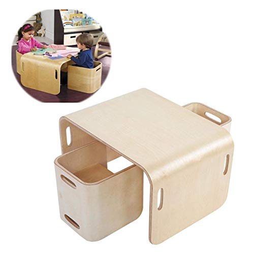 Tafel en stoelenset, 3 pak kindertafel en stoelen Natuurlijk gebogen hout Multifunctionele houten kinderstudietafel en… - Afbeelding 3