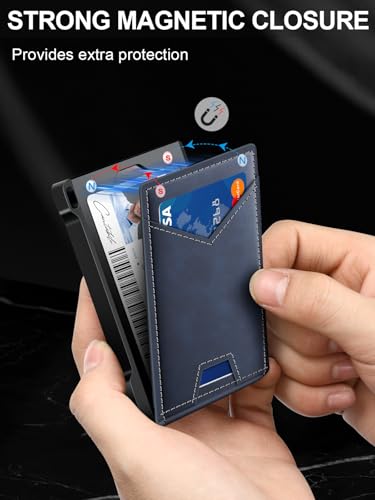Image of Wallet for Men RFID Wallet with 2 ID Windows & Money Clip, Slim Card Holder | 10-12 Cards Bifold Minimalist Smart Pop Up Wallet for Front Pocket Compact Metal Credit Card Holder Birthday Gifts for Men