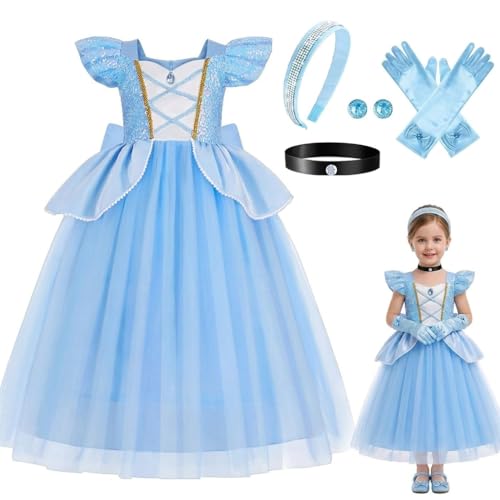 PARTY TELLER Cinderella costume for girls 5Pcs Blue Puffy Dress Set Accessories Halloween Birthday Carnival Role Play (3-4T)