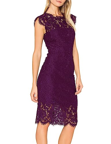 Merokeety Women's Sleeveless Lace Floral Elegant Cocktail Dress Crew Neck Knee Length For Party Plum #TOP1