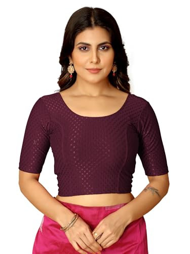 Image of Amazon Brand - Anarva Round Neck Dobby Cotton Lycra Stretchable Elbow Half Sleeve Readymade Saree Blouse for Women Stylish