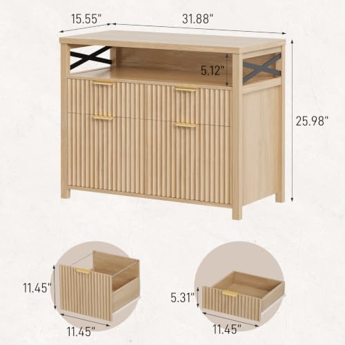 Image of Halitaa Fluted 4 Drawers Home Office File Cabinet for A4 /Letter Size. Oak