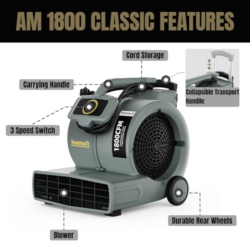 Image of AM1800-Classic 3 /4 HP Air Mover, Industrial Blower Fan with Telescopic Handle, 3 Speed 1800 CFM Carpet Dryer Floor Drying Fan for Carpets, Floor, Garage, Workshop, Energy Efficient