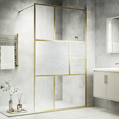 SUNXURY Walk-in - Mampara de ducha (120 x 200 cm, con cristal de privacidad estructurado de 8 mm, con barra estabilizadora de acero inoxidable, fácil de limpiar y estable, marco dorado cepillado)