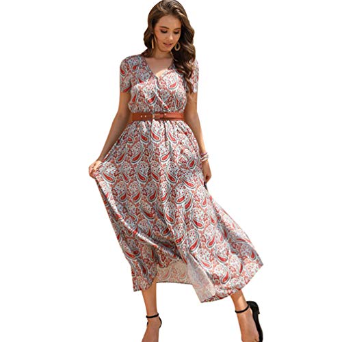 MOCEAL Robe d'été bohème pour Femme - Col en V - Maxi Robe à Manches Courtes - Robe de Plage Longue, Rouge, L Cover