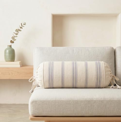 Image of SAJAVAT HOME 100% Cotton Striped Bolster Cover Pack of 2 15x30 | Textured Round Side Pillow Covers for Sofa, Bed & Diwan | Soft Breathable Bolster Pillow Covers | Beige & Grey