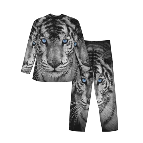 White Tiger With Blue Eyes Mens Pajamas Set Button Down Sleepwear Set Long Sleeve Loungewear With Pockets4