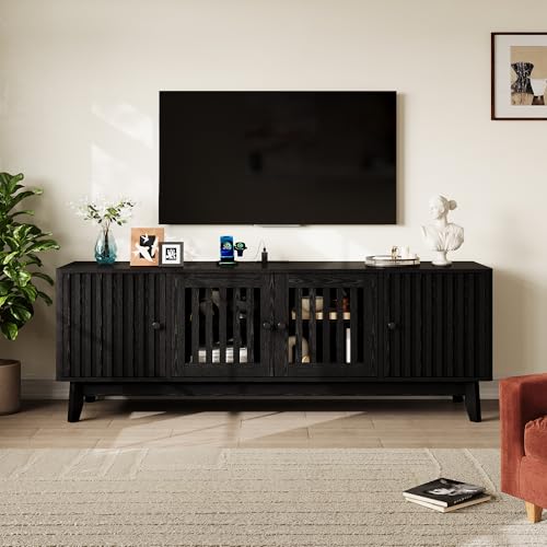 GarveeHome Mid Century Modern TV Stand, 63'' TV Stands for Living Room with Power Output and Adjustable Shelves, Entertainment Center with Storage and 4 Grille Doors, Wooden TV Console, Blac