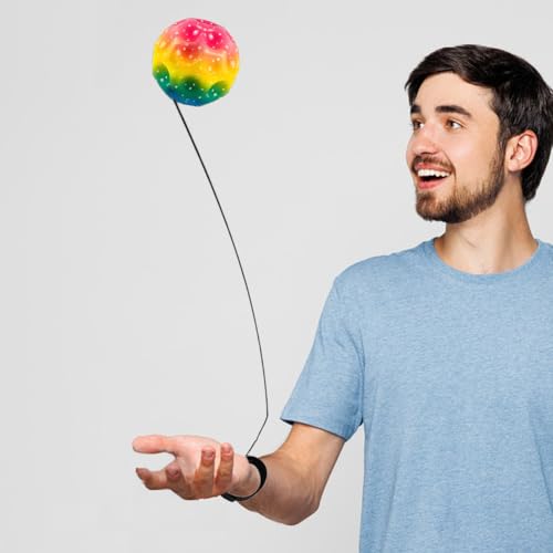 Helweet Springball mit Schnur, Handgelenk Return Ball, Ball an Schnur, Balls mit Gummiband, Handgelenk Returnball, für Tägliches Training, Spiele und handgelenkübungen, 4 Stück, Ø 6.3 cm