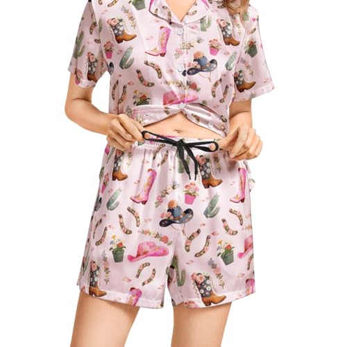 Image of Funny Pajamas for Women Set Print Satin Loungewear Pjs Short Sleeve Button Down Top and Shorts Sets Sleepwear XS-3XL