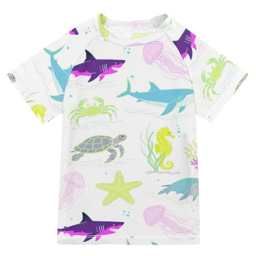 Colorful Underwater Animal Shark Whale Jellyfish Short Sleeve Girls Bathing Suit Girls Swimsuit Rashguard Girl Swim Rashguard for 3-12 Years Traje de bano de Sirena para nina