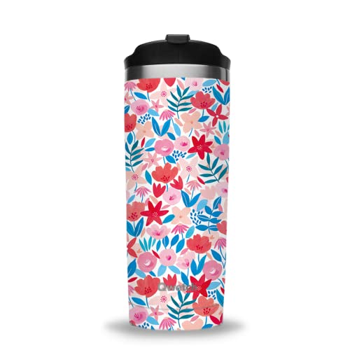 QWETCH - Travel Mug Isotherme - Flora Rouge 470ml - Thermos Café & Thé en Inox - 6h Chaud et 12h Froid - Sans BPA, Étanche, Mug de voyage
