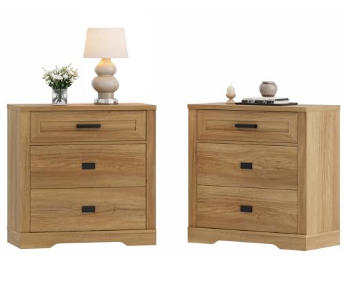 Image of WAMPAT 31.5 inch Wide Large Nightstand Set of 2, 32 inch Tall Oversized Modern Farmhouse Bedside Table with Large Drawers 2-Piece Set for Bedroom, Walnut Oak