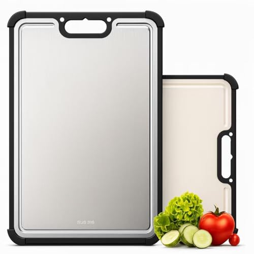 Comparison: Healthiest And Best Cutting Board 8 Premium 316 Stainless Steel Cutting Board for Kitchen– Double Sided,& BPA-Free Chopping Board with Food-Grade Steel &Eco-Friendly Wheat Straw PP,for Meat&Vegetables Healthy cutting boards non toxic