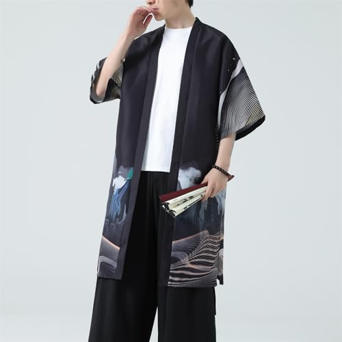 Image of Seidarise Men's Haori, Long Kimono Cardigan Jacket Japanese Style Flying Crane Seven Sleeves Open Front Coat