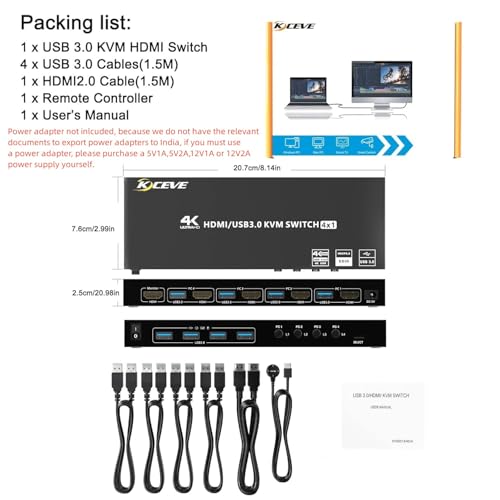 Image of HDMI KVM Switch 4 Ports with Audio, KCEVE 4K@60Hz USB 3.0 4 PC KVM Switcher with EDID Emulator for 4 Computers Share Mouse Keyboard and Monitor