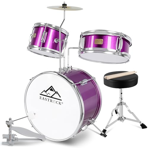 EASTROCK Junior Drum Set, 3 Piece 14'' Junior Drum sets for Drummer,Beginner, Drum Set for 5-7 Years Old with Adjustable Throne,Cymbal,Pedal,Drumsticks（Purple）
