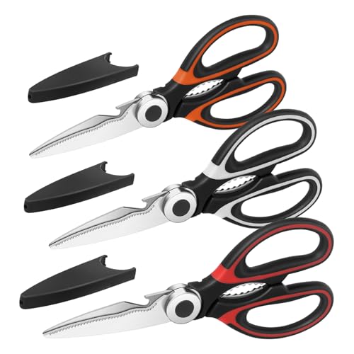 Vutyvve Tijeras de cocina, multiusos, resistentes, cuchillas de acero inoxidable, rojo, negro y naranja, juego de 3
