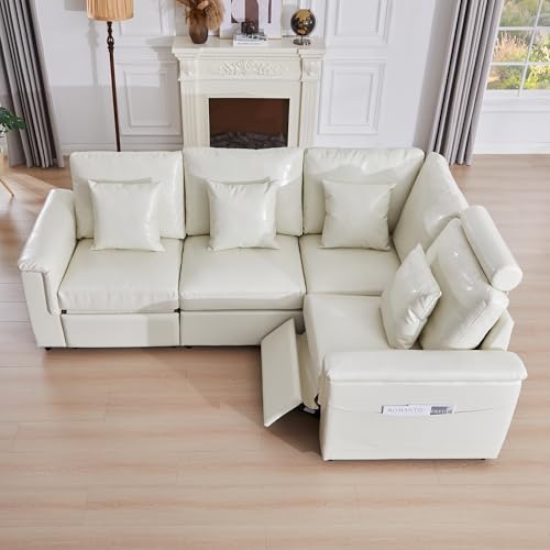 Image of RARZOE Faux Leather Sectional Sofa with Power Recliner, L Shaped PU Leather Reclining Couch with Headrest, 4 Seater Oversized Modular Reclining Couches for Living Room, Beige
