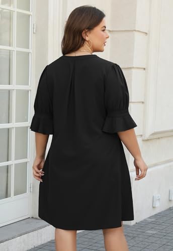 Celkuser Plus Size Summer Casual Shift Dress for Curvy Women V Neck Ruffled Sleeves Loose Shirt Dresses with Pockets 20252