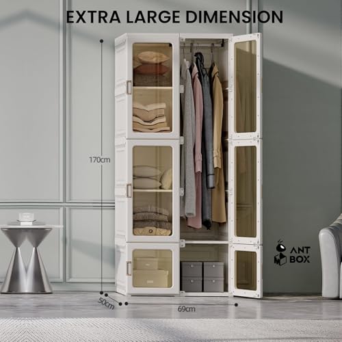 Image of ANTBOX Foldable Plastic Wardrobe Organizer | Collapsible Wardrobe for Clothes with 6 Doors, 6 Compartments, and 1 Hanger Rod | Portable Wardrobe, Plastic Cupboard, Storage Cabinet, Foldable Almirah