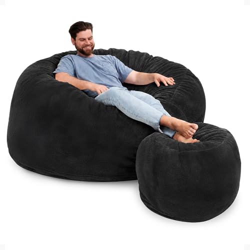 Image of ULTIMATE SACK | 6 Ft Bean Bag Chair &Foot Stool | Charcoal Fur | Foam Filled - Removable Washable Cover