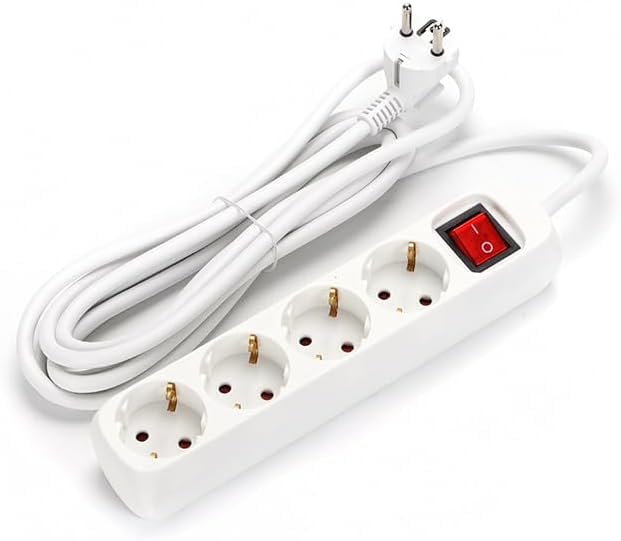 Regleta 4 vías con Interruptor, 1,5 m, 3G, 1,0 mm², Blanca, para conectar múltiples Dispositivos eléctricos y Proteger el hogar.