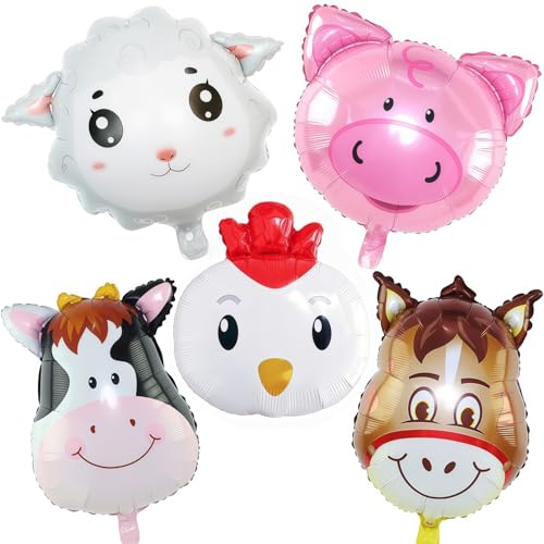 XLENGO 5 PCS Farm Animal Balloons Cow Donkey Sheep Pig Chicken Foil Mylar Balloon for Baby Shower Farm Birthday Party Decorations Supplies