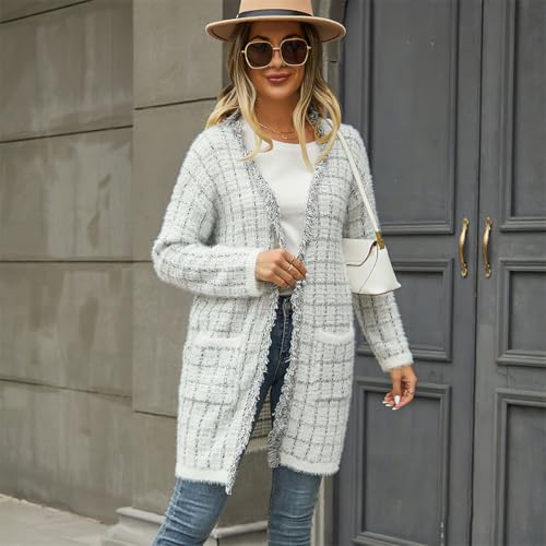 chouyatou Women's Trendy Fall Tweed Fringe Knit Oversized Cardigan Plaid Open Front Sweater Jacket4