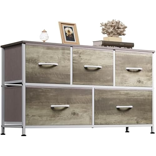 WLIVE Wide Dresser for Bedroom, 5 Drawer Chest of Drawers, Greige