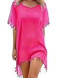 Qianderer Women Cover Ups Beachwear Crochet Hollow Out Beach Dress Summer Bikini Swimsuit Cover Up Bathing Suit (Pink, One Size)