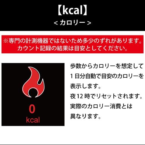 Screen display for the calorie tracking function (kcal), showing '0 kcal' and a note that the device is not a professional measuring instrument and results are estimates.