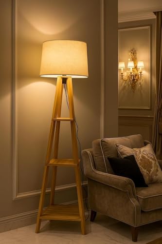 Image of Modern Floor Lamp with Storage Shelves, Wooden Frame, Linen Shade, Standing Light for Living Room, Home Decor