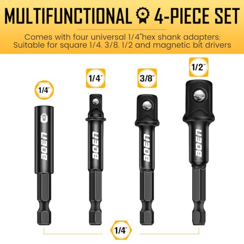 Image of BOEN Impact Socket Adapter & Magnetic Bit Holder | 4 Pieces of 1 /4-Inch Hex Shank Extension to 1 /4 inch, 3 /8 inch, and 1 /2 inch Drive (Pack of 2)