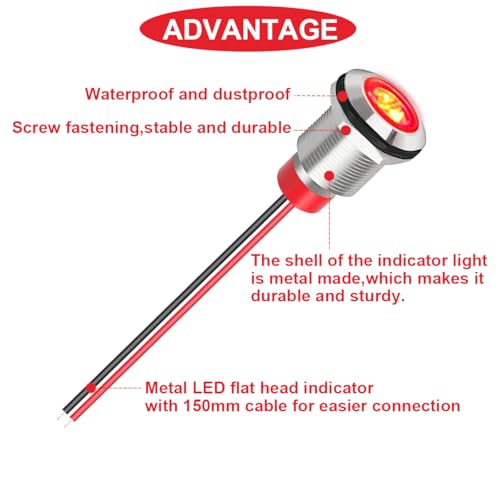 MKBKLLJY 6 peças 12 mm CC 12-24 V 1A luz indicadora de metal vermelha LED à prova d'água, lâmpada d