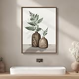 Framed Bathroom Picture Wall Art, Rustic Vintage Farmhouse Botanical Fern Canvas Painting Print, Neutral Green Leaf Plant for Bedroom Kitchen Hallway Dining Room Restroom Home Decor, 12x16 Inch