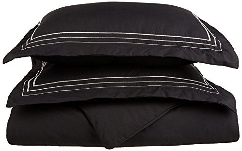 Super Soft Light Weight, 100% Brushed Microfiber, Twin/Twin XL, Wrinkle Resistant, Black Duvet Cover with Grey 3-Line Embroidered Pillowshams in Gift Box