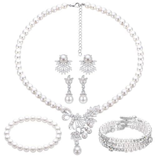 Image of Glenmal Pearl Rhinestone Jewelry Set for Women Pearl Necklace Bracelet Earrings for Wedding Halloween Bridal Shower Tea Party
