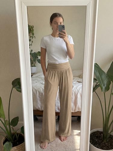 Image of ODODOS Women's Wide Leg Palazzo Lounge Pants with Pockets Light Weight Loose Comfy Casual Pajama Pants-28 Inseam, Peanut, Medium