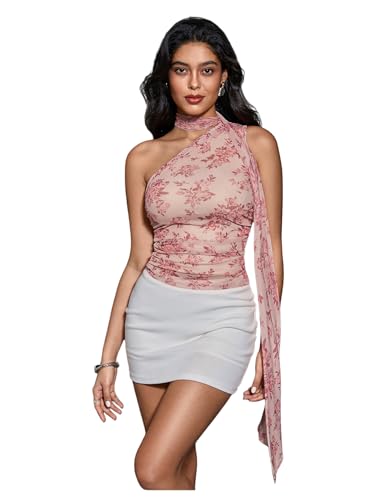 Image of RoseSeek Women's Y2K Leopard Polka Dots Halter Asymmetrical Neck Crop Tops | One Shoulder, Slim Fit, Sleeveless, Cheetah Print, Summer Tops, Scarf Tops, Party, Going Out Tops
