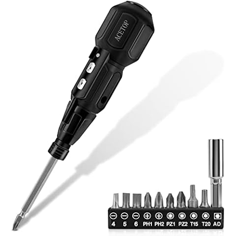 ACETOP Electric Screwdriver Cordless 900mAh Rechargeable Screwdriver with Dual Heads Bit, Extension Rod, 8 Bits and USB Cable, 4N.m Electric Torque, LED Light, Forward and Reverse Rotate (Black) Cover