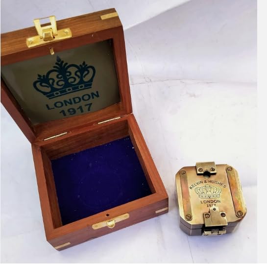 Brújula con acabado antiguo en latón con caja de madera – Instrumento de navegación vintage coleccionable miniatura 4