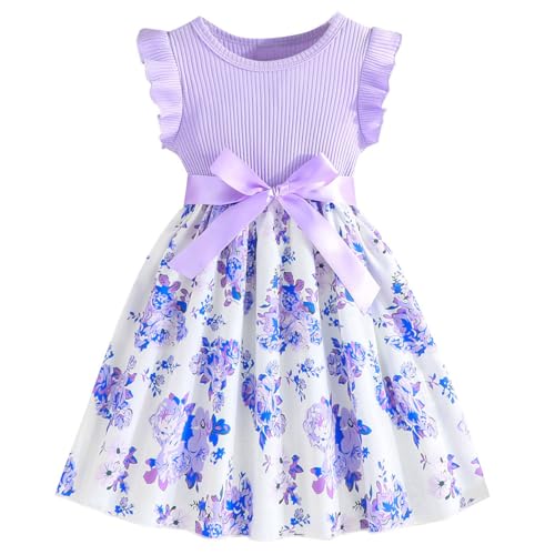 Codkkre Vestidos Florales Niños Vestidos Moño de Niña Vestido para Niños Mangas Cortas Patrón de Mariposa Vestido Princesa para Fiesta de Verano 5 años
