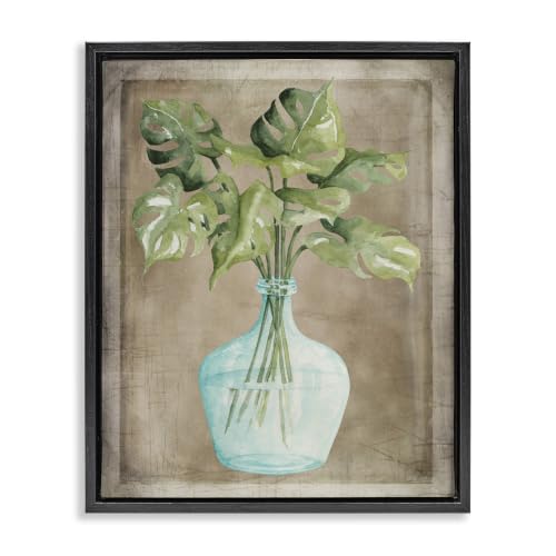 'Monstera Leaves Glass Vase Potted House Plant'| Floating Frame Canvas Art