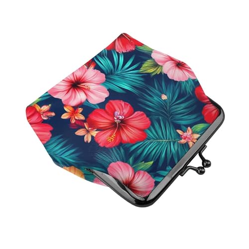 Coin Purse For Women Leather Coin Purses With Kiss Lock Change And Coin Wallet Double Clasp Closure Mini Purse For Cash, Key (Hawaiian Colorful Hibiscus Flowers Tropical Palm Tree Leaves (1))3