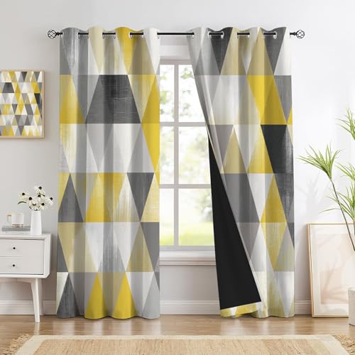 Rideaux Motif Triangle Abstrait Jaune-Gris, Rideaux Occultant Insonorisés Patchwork Géométrique pour Salon Chambre, Rideau Tentures 2 Panneaux Thermique Isolant À Oeillets, 75Lx166H Cm