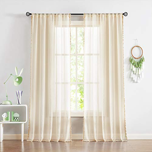 Treatmentex Sheer Linen-Look Curtains 95in Bedroom Decorative Pompom Trimmed Voile for Living Room Slub Textured Natural Window Curtain Panels 2pcs - Thumbnail 2
