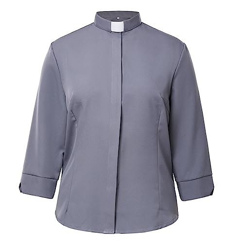 Camisa de Clero para Mujer, Cuello de pestaña, Manga 3/4, Blusa con Botones y Cola Redonda, Gris, L